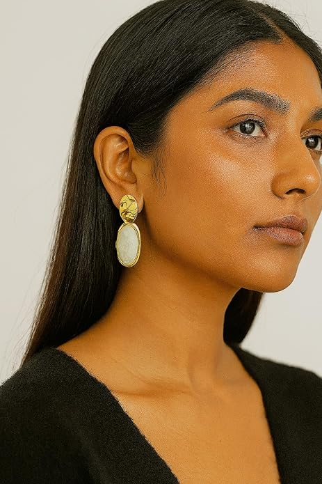 Belle Bijoux White Stone Oval Earrings for Women – Gold Textured High-Polish Plated Frame, Elegant Jewelry for Party, Vacation, Casual, Everyday Wea