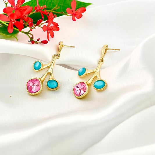 Belle Bijoux Gold and Pastel Jewel Drop Earrings – Elegant Dangle Jewelry for Women, Lightweight, Ideal for Party, Office, and Everyday Wear