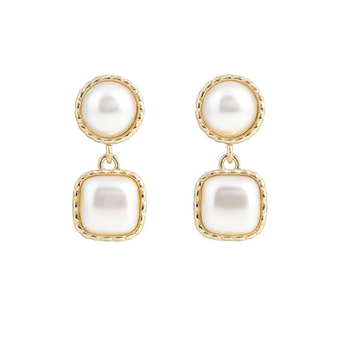 Stylish Women’s Pearl Drop Earrings – Gold Plated, Square Double Layer Dangle Design, Lightweight Elegant Jewelry for All Occasions