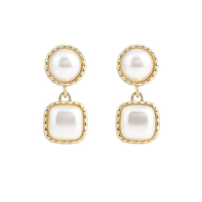 Stylish Women’s Pearl Drop Earrings – Gold Plated, Square Double Layer Dangle Design, Lightweight Elegant Jewelry for All Occasions