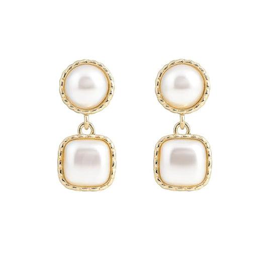 Stylish Women’s Pearl Drop Earrings – Gold Plated, Square Double Layer Dangle Design, Lightweight Elegant Jewelry for All Occasions