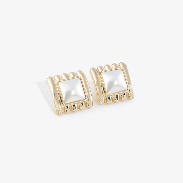 Belle Bijoux Gold-Tone Square Stud Earrings for Women – White Stone Center Modern Design Stylish Jewelry for Daily, Party