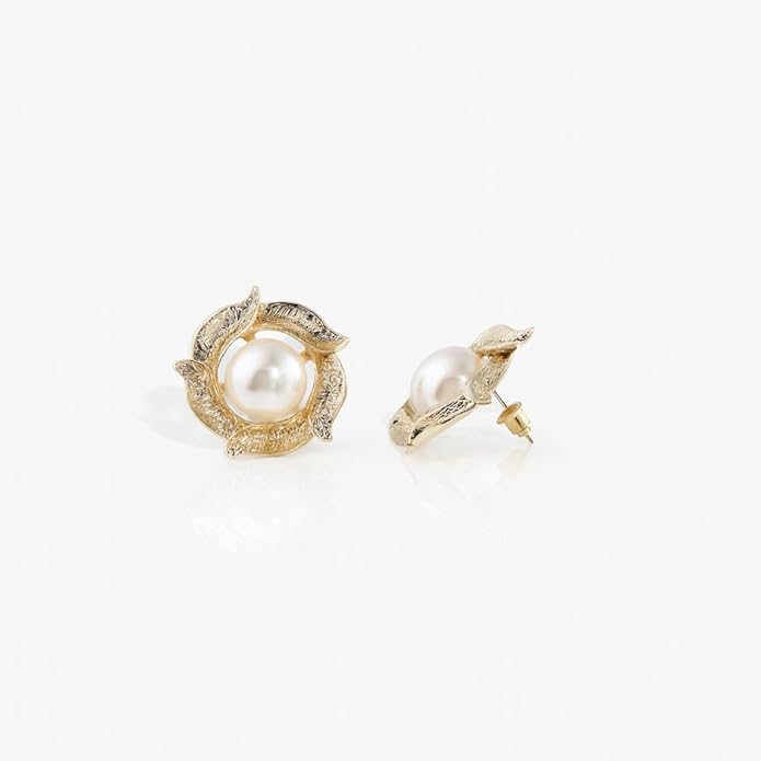 Women's White Pearl & Gold Floral Stud Earrings: Stylish Handmade Jewelry for Weddings, Events, and Special Occasions