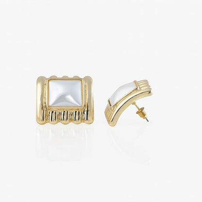 Belle Bijoux Gold-Tone Square Stud Earrings for Women – White Stone Center Modern Design Stylish Jewelry for Daily, Party