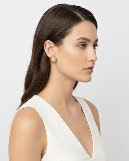 Women's White Pearl & Gold Floral Stud Earrings: Stylish Handmade Jewelry for Weddings, Events, and Special Occasions