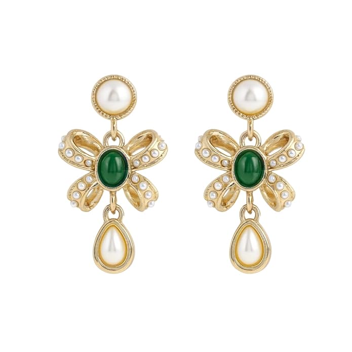 Belle Bijoux Gold and Pearl Drop Earrings with Elegant Bow Design – Lightweight Dangle Jewelry for Women, ideal Gift for Any Occasion