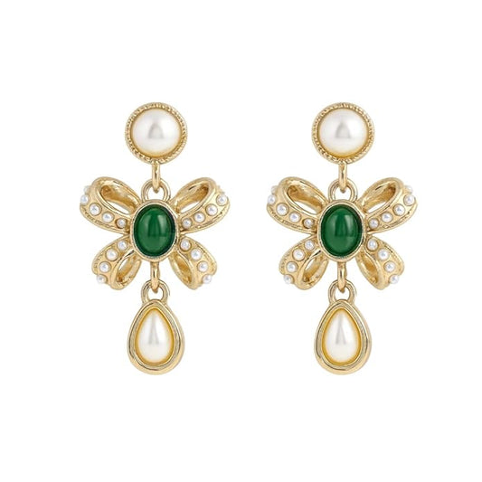 Belle Bijoux Gold and Pearl Drop Earrings with Elegant Bow Design – Lightweight Dangle Jewelry for Women, ideal Gift for Any Occasion