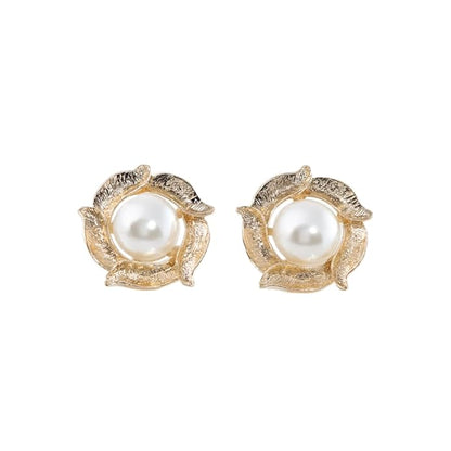 Women's White Pearl & Gold Floral Stud Earrings: Stylish Handmade Jewelry for Weddings, Events, and Special Occasions