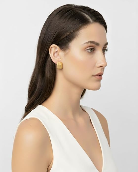 Belle Bijoux Gold-Tone Textured Geometric Hoop Earrings for Women Stylish Lightweight Jewelry Daily Party Wedding Festive Ethnic Fashion Accessory