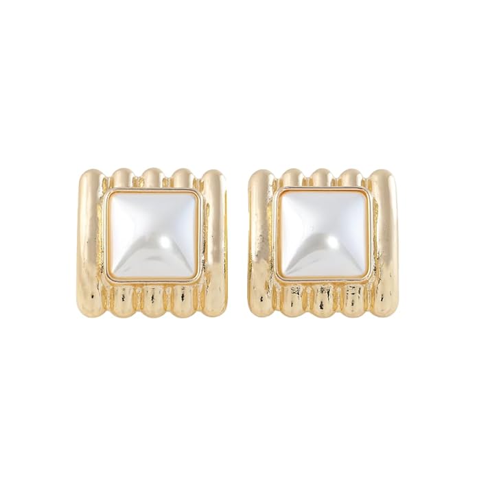 Belle Bijoux Gold-Tone Square Stud Earrings for Women – White Stone Center Modern Design Stylish Jewelry for Daily, Party