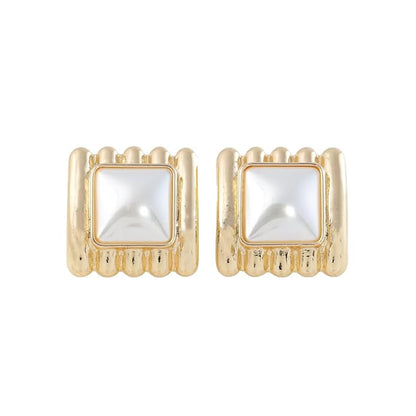 Belle Bijoux Gold-Tone Square Stud Earrings for Women – White Stone Center Modern Design Stylish Jewelry for Daily, Party