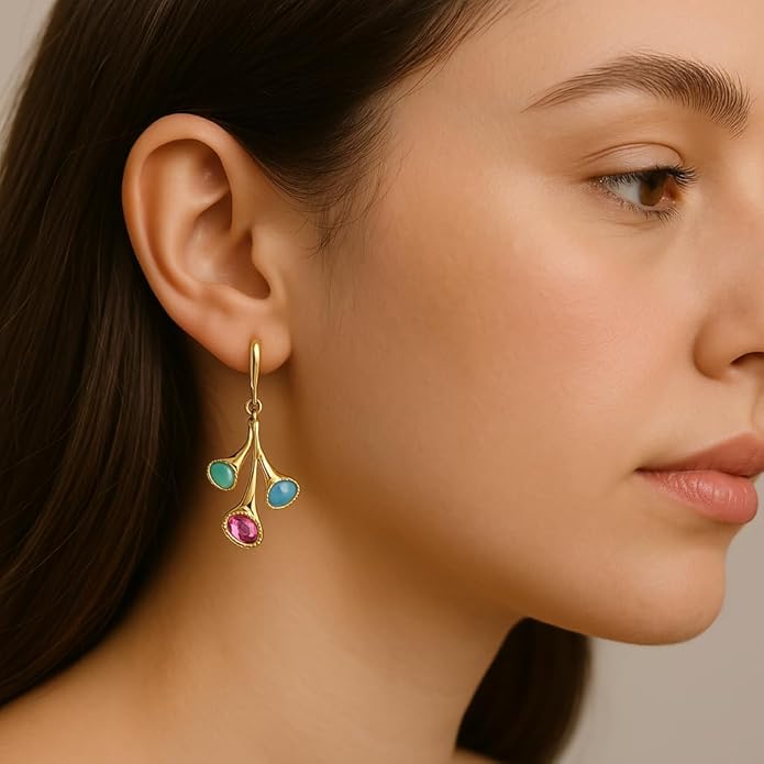 Belle Bijoux Gold and Pastel Jewel Drop Earrings – Elegant Dangle Jewelry for Women, Lightweight, Ideal for Party, Office, and Everyday Wear