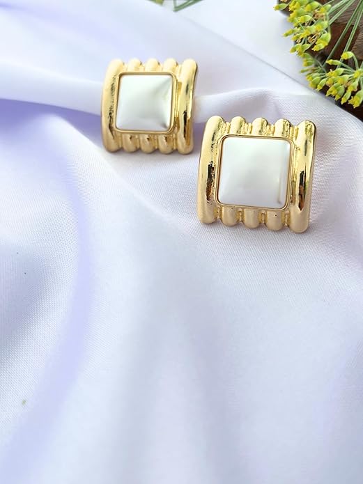 Belle Bijoux Gold-Tone Square Stud Earrings for Women – White Stone Center Modern Design Stylish Jewelry for Daily, Party