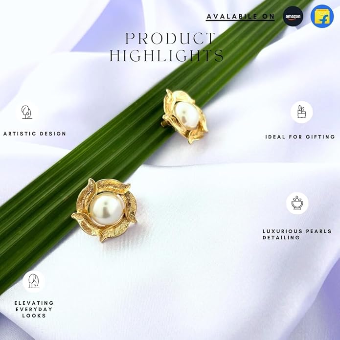 Women's White Pearl & Gold Floral Stud Earrings: Stylish Handmade Jewelry for Weddings, Events, and Special Occasions