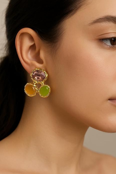 Belle Bijoux Elegant Gold Plated Crystal Stud Earrings for Women – Multicolor Stones in Emerald Green, Yellow, Lime – Ideal for Festive or Casual Wear