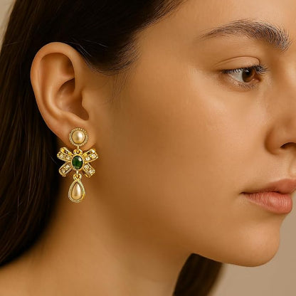Belle Bijoux Gold and Pearl Drop Earrings with Elegant Bow Design – Lightweight Dangle Jewelry for Women, ideal Gift for Any Occasion