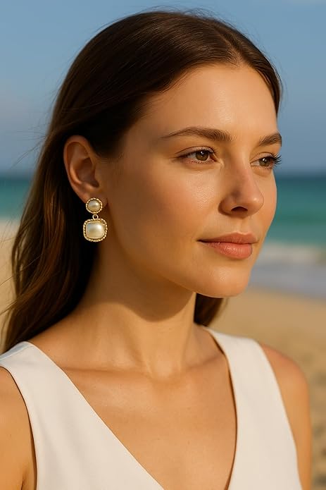 Stylish Women’s Pearl Drop Earrings – Gold Plated, Square Double Layer Dangle Design, Lightweight Elegant Jewelry for All Occasions