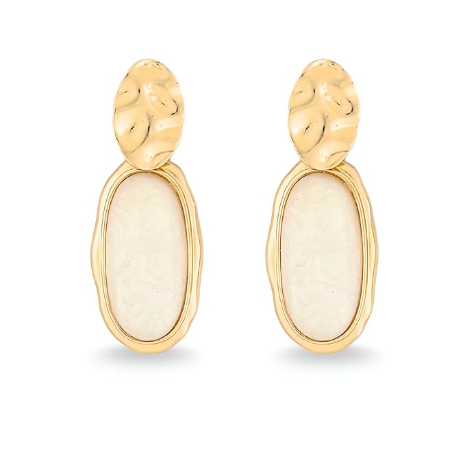 Belle Bijoux White  Stone Oval Earrings for Women – Gold Textured High-Polish Plated Frame, Elegant Jewelry for Party, Vacation, Casual, Everyday Wea