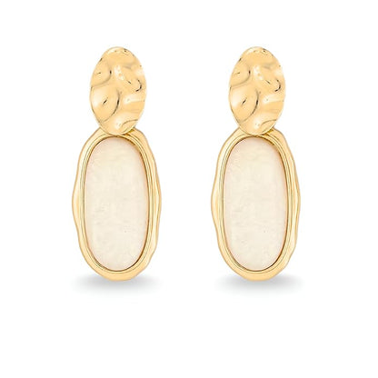 Belle Bijoux White  Stone Oval Earrings for Women – Gold Textured High-Polish Plated Frame, Elegant Jewelry for Party, Vacation, Casual, Everyday Wea