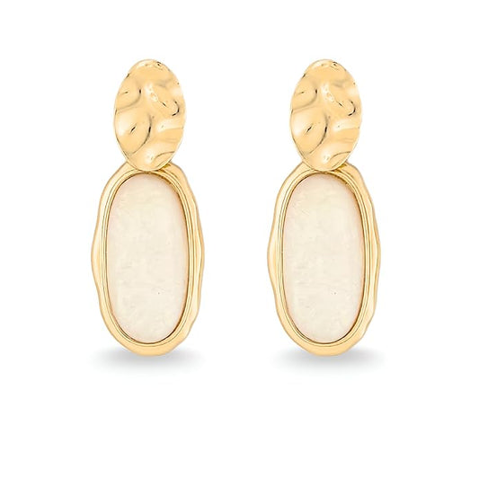 Belle Bijoux White  Stone Oval Earrings for Women – Gold Textured High-Polish Plated Frame, Elegant Jewelry for Party, Vacation, Casual, Everyday Wea