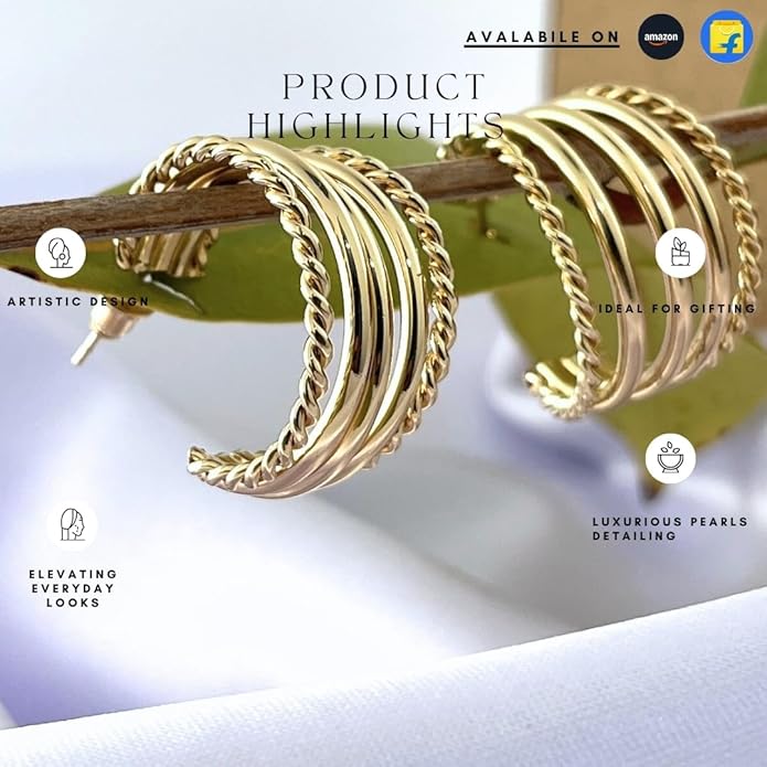 Belle Bijoux Women's Gold-Tone Multi-Layer Hoop Earrings: Stylish Lightweight Twisted Jewelry for Daily, Party, and Wedding Fashion