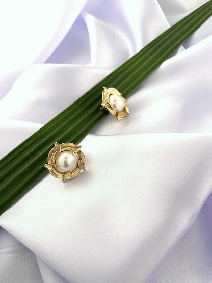 Women's White Pearl & Gold Floral Stud Earrings: Stylish Handmade Jewelry for Weddings, Events, and Special Occasions