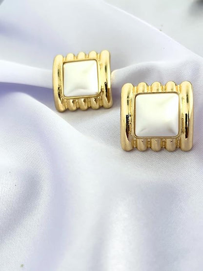 Belle Bijoux Gold-Tone Square Stud Earrings for Women – White Stone Center Modern Design Stylish Jewelry for Daily, Party