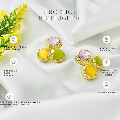 Belle Bijoux Elegant Gold Plated Crystal Stud Earrings for Women – Multicolor Stones in Emerald Green, Yellow, Lime – Ideal for Festive or Casual Wear