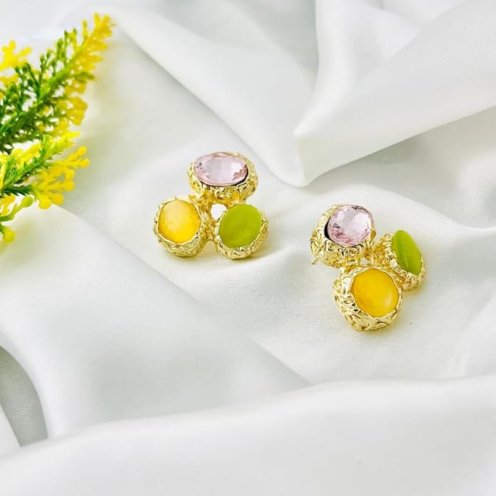Belle Bijoux Elegant Gold Plated Crystal Stud Earrings for Women – Multicolor Stones in Emerald Green, Yellow, Lime – Ideal for Festive or Casual Wear