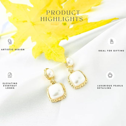 Stylish Women’s Pearl Drop Earrings – Gold Plated, Square Double Layer Dangle Design, Lightweight Elegant Jewelry for All Occasions