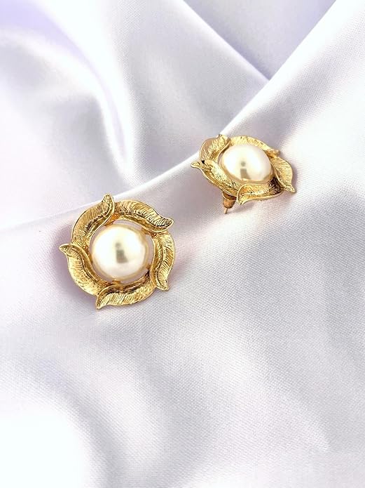Women's White Pearl & Gold Floral Stud Earrings: Stylish Handmade Jewelry for Weddings, Events, and Special Occasions
