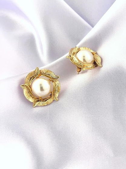 Women's White Pearl & Gold Floral Stud Earrings: Stylish Handmade Jewelry for Weddings, Events, and Special Occasions