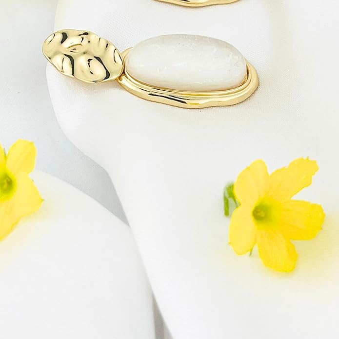Belle Bijoux White  Stone Oval Earrings for Women – Gold Textured High-Polish Plated Frame, Elegant Jewelry for Party, Vacation, Casual, Everyday Wea