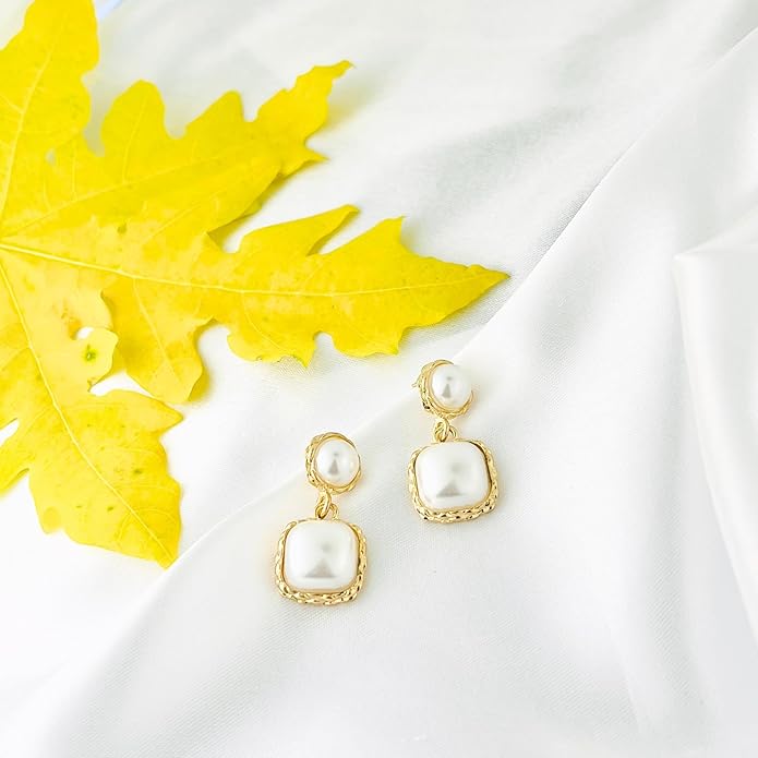 Stylish Women’s Pearl Drop Earrings – Gold Plated, Square Double Layer Dangle Design, Lightweight Elegant Jewelry for All Occasions