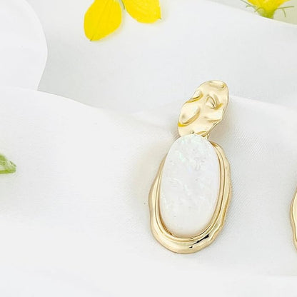 Belle Bijoux White  Stone Oval Earrings for Women – Gold Textured High-Polish Plated Frame, Elegant Jewelry for Party, Vacation, Casual, Everyday Wea