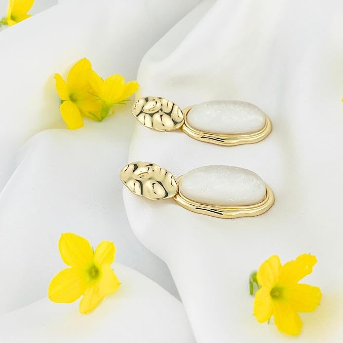 Belle Bijoux White  Stone Oval Earrings for Women – Gold Textured High-Polish Plated Frame, Elegant Jewelry for Party, Vacation, Casual, Everyday Wea
