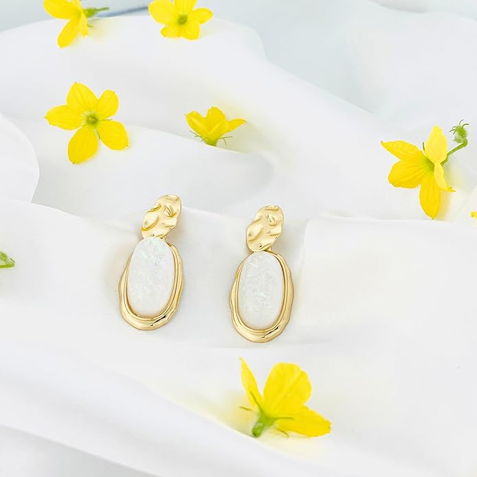 Belle Bijoux White  Stone Oval Earrings for Women – Gold Textured High-Polish Plated Frame, Elegant Jewelry for Party, Vacation, Casual, Everyday Wea