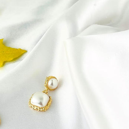 Stylish Women’s Pearl Drop Earrings – Gold Plated, Square Double Layer Dangle Design, Lightweight Elegant Jewelry for All Occasions