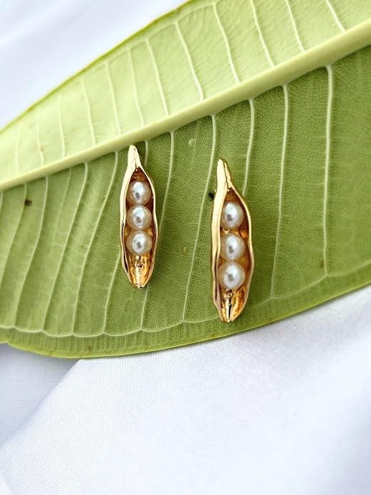 Belle Bijoux Gold-Tone Pod Earrings with White Pearls Unique Nature-Inspired Design Stylish Women’s Jewelry for Parties Weddings Wear