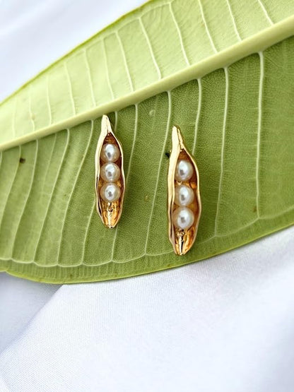 Belle Bijoux Gold-Tone Pod Earrings with White Pearls Unique Nature-Inspired Design Stylish Women’s Jewelry for Parties Weddings Wear