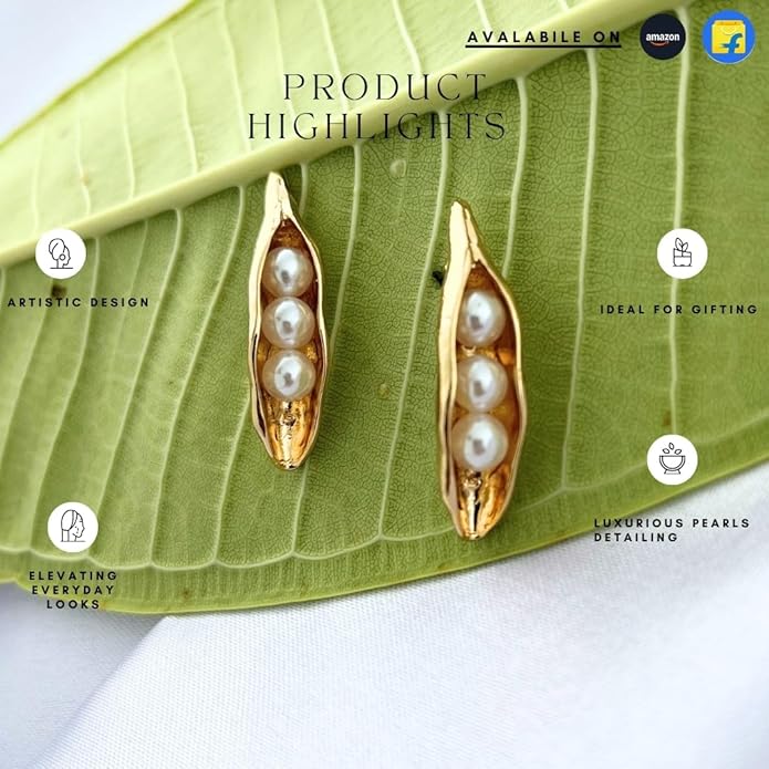 Belle Bijoux Gold-Tone Pod Earrings with White Pearls Unique Nature-Inspired Design Stylish Women’s Jewelry for Parties Weddings Wear