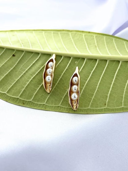 Belle Bijoux Gold-Tone Pod Earrings with White Pearls Unique Nature-Inspired Design Stylish Women’s Jewelry for Parties Weddings Wear