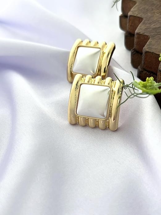 Belle Bijoux Gold-Tone Square Stud Earrings for Women – White Stone Center Modern Design Stylish Jewelry for Daily, Party