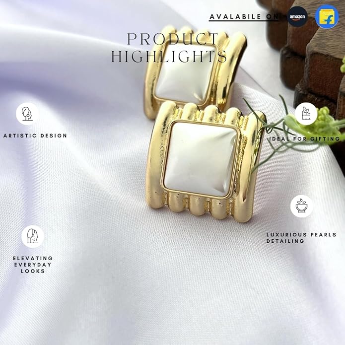 Belle Bijoux Gold-Tone Square Stud Earrings for Women – White Stone Center Modern Design Stylish Jewelry for Daily, Party