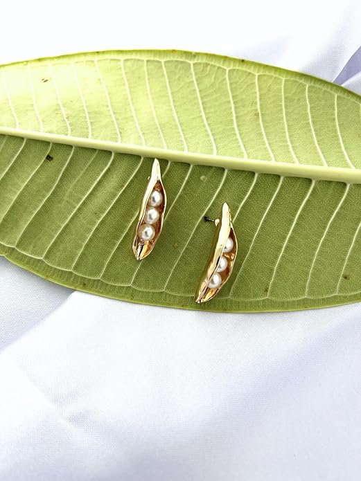Belle Bijoux Gold-Tone Pod Earrings with White Pearls Unique Nature-Inspired Design Stylish Women’s Jewelry for Parties Weddings Wear
