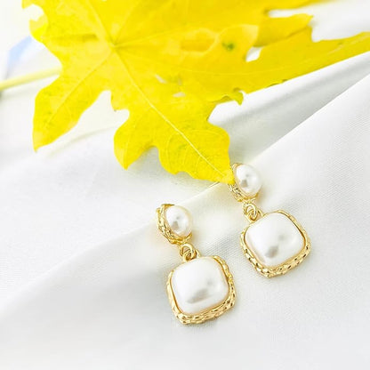 Stylish Women’s Pearl Drop Earrings – Gold Plated, Square Double Layer Dangle Design, Lightweight Elegant Jewelry for All Occasions