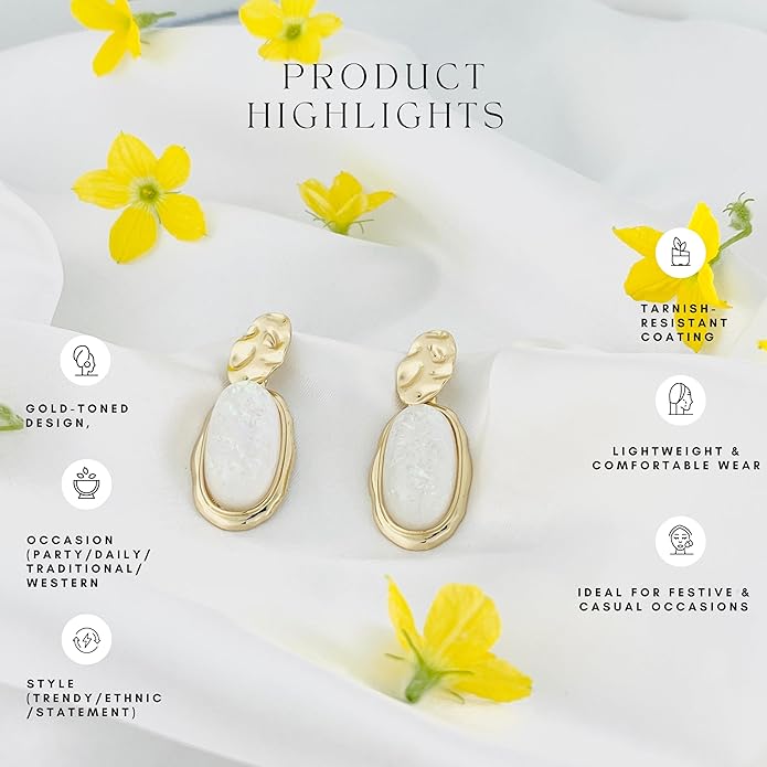 Belle Bijoux White  Stone Oval Earrings for Women – Gold Textured High-Polish Plated Frame, Elegant Jewelry for Party, Vacation, Casual, Everyday Wea