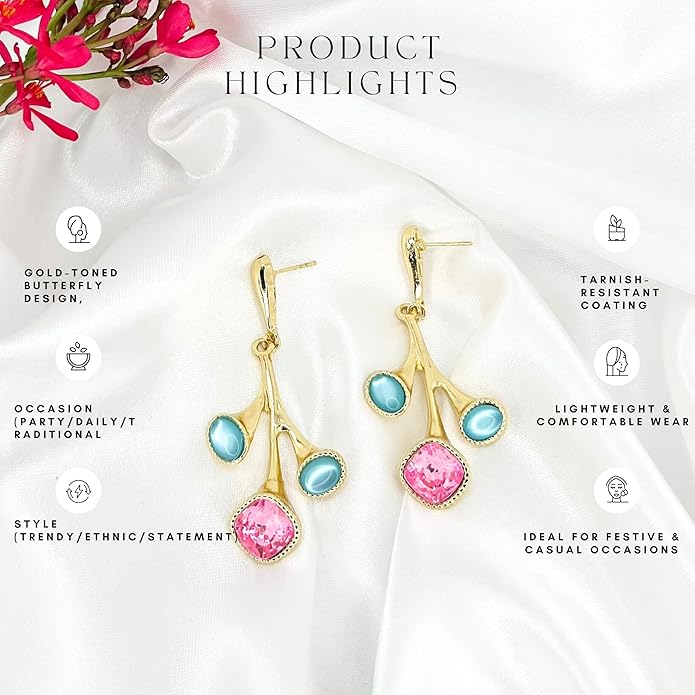 Belle Bijoux Gold and Pastel Jewel Drop Earrings – Elegant Dangle Jewelry for Women, Lightweight, Ideal for Party, Office, and Everyday Wear