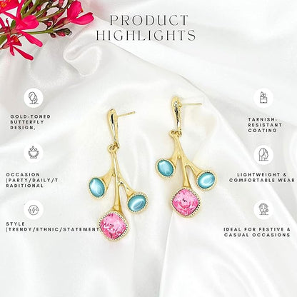 Belle Bijoux Gold and Pastel Jewel Drop Earrings – Elegant Dangle Jewelry for Women, Lightweight, Ideal for Party, Office, and Everyday Wear