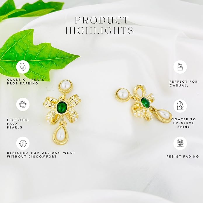 Belle Bijoux Gold and Pearl Drop Earrings with Elegant Bow Design – Lightweight Dangle Jewelry for Women, ideal Gift for Any Occasion
